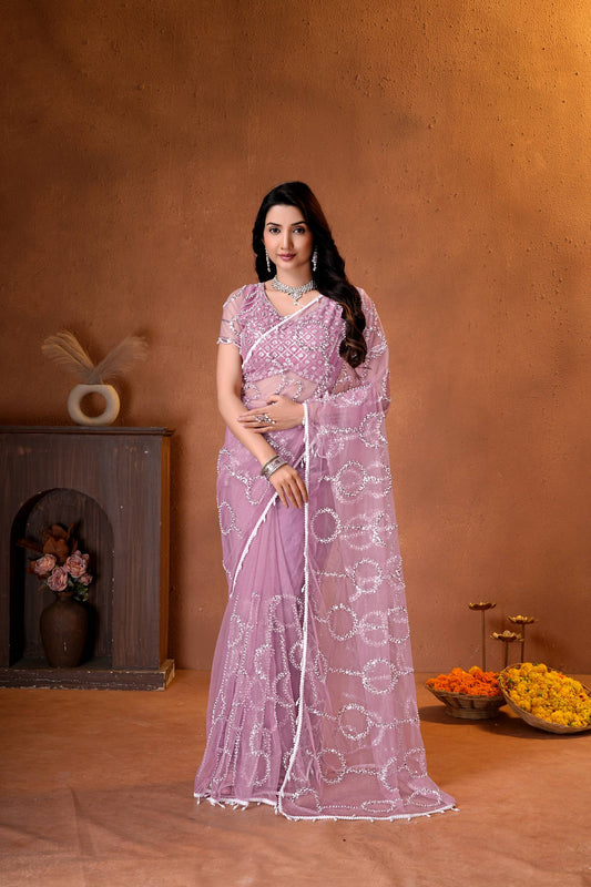 Net Bidds sequence pearls Embroidery Work Saree