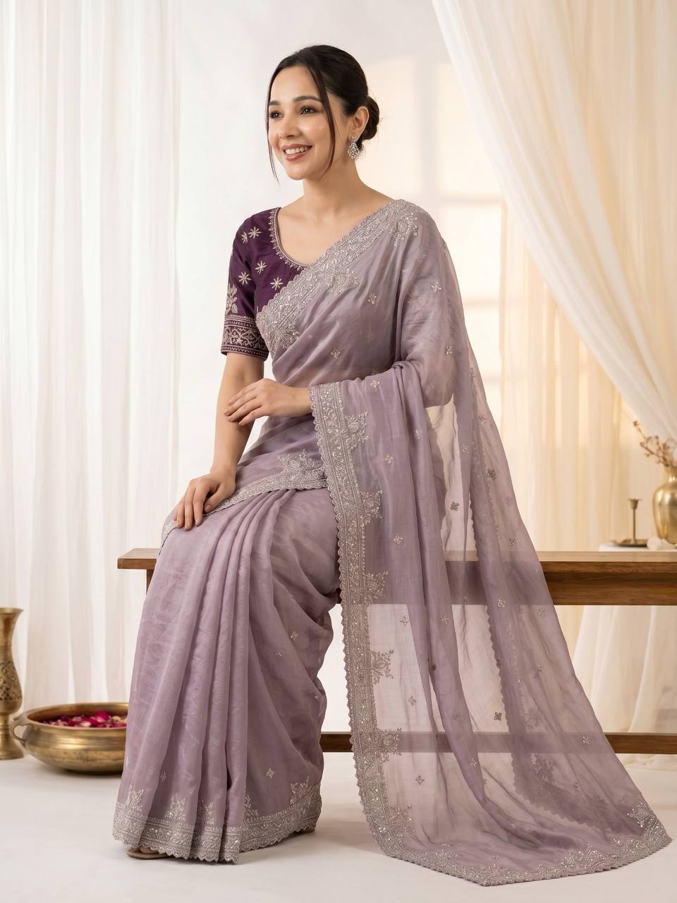 Pure Fandy satin material with c pallu embroidery work saree