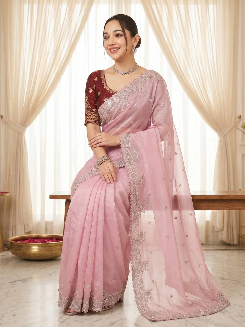 Pure Fandy satin material with c pallu embroidery work saree