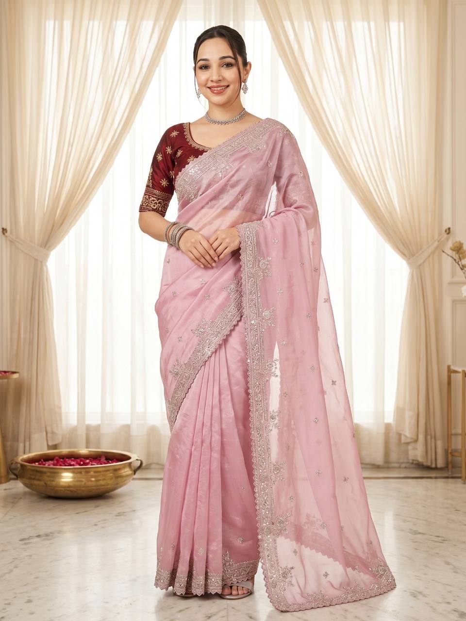 Pure Fandy satin material with c pallu embroidery work saree