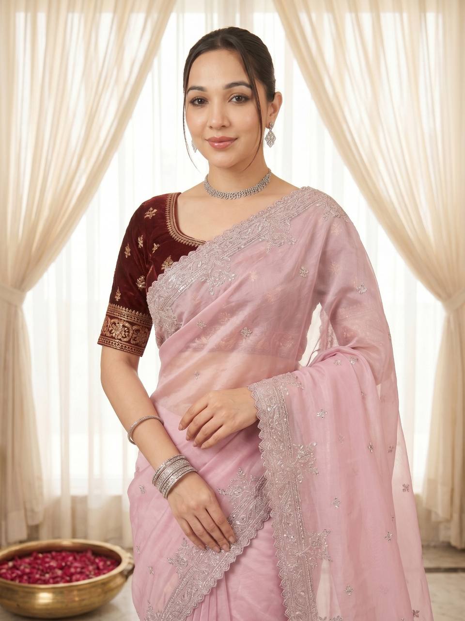 Pure Fandy satin material with c pallu embroidery work saree