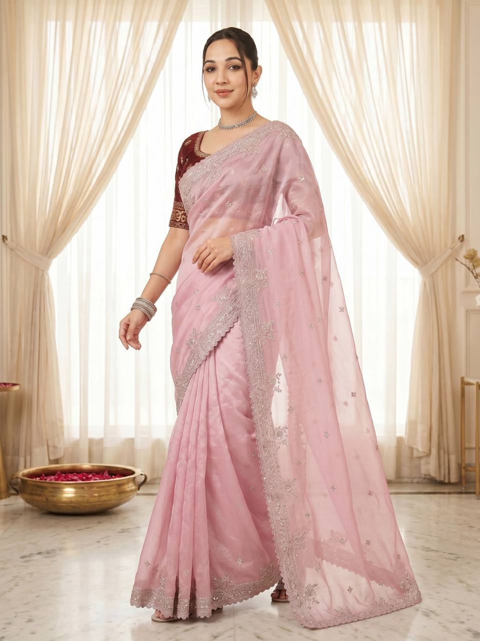 Pure Fandy satin material with c pallu embroidery work saree