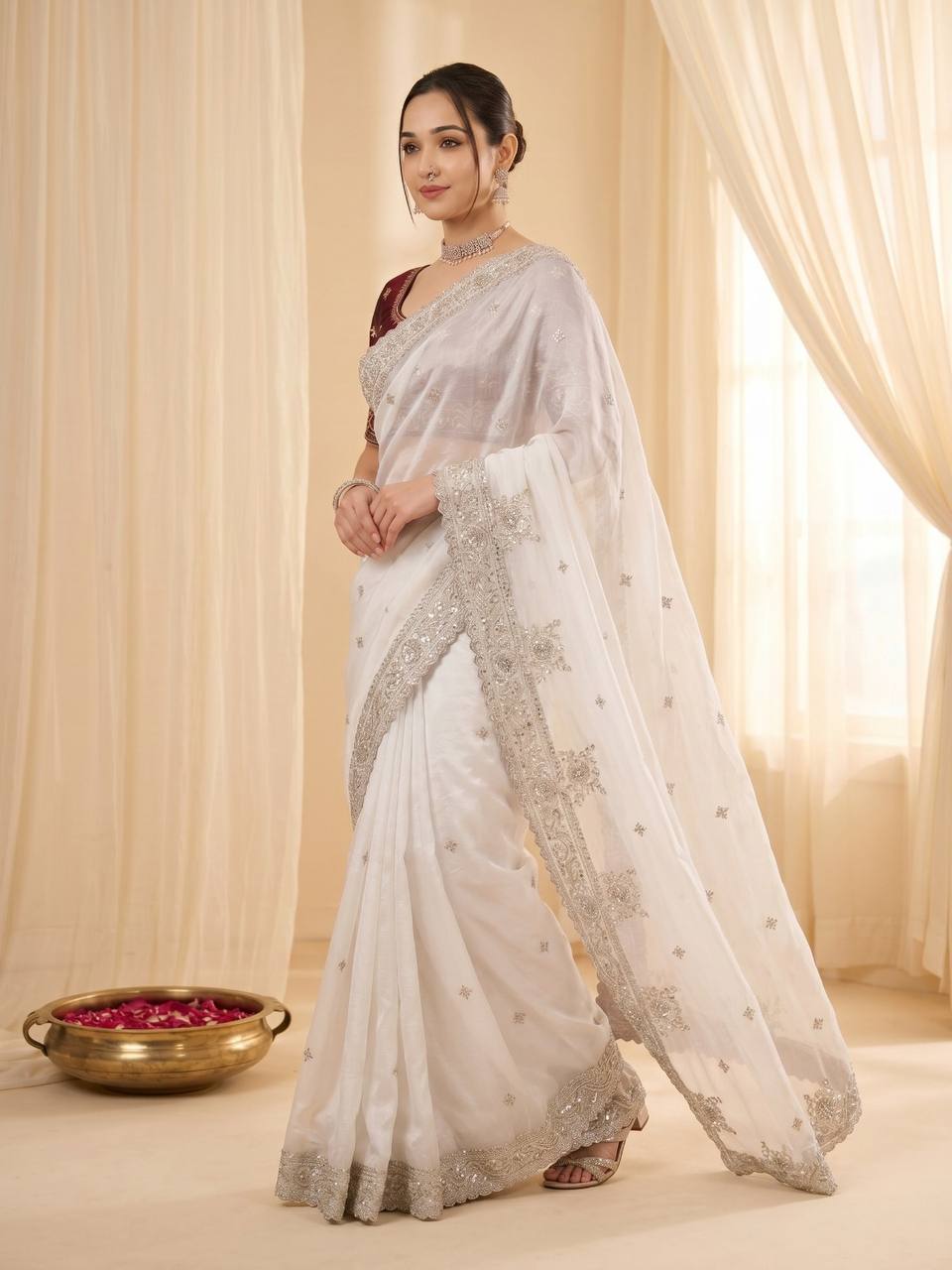 Pure Fandy satin material with c pallu embroidery work saree