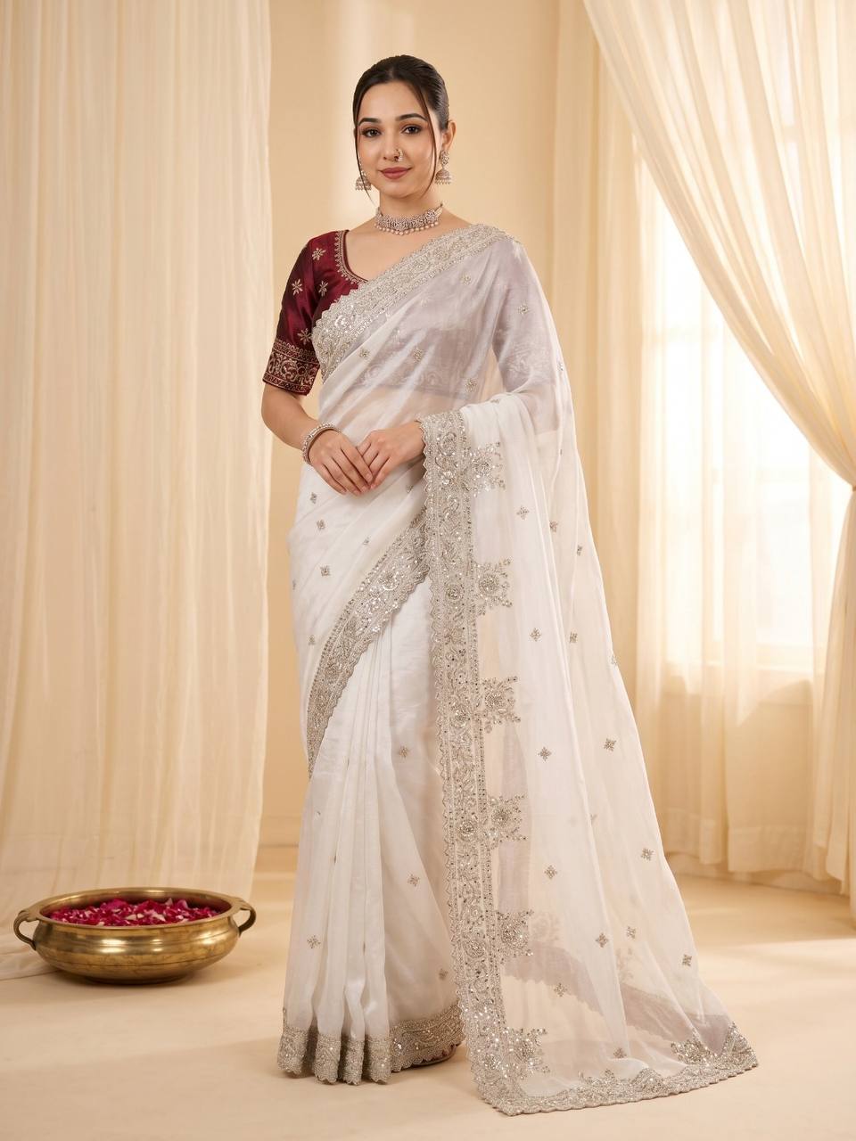 Pure Fandy satin material with c pallu embroidery work saree