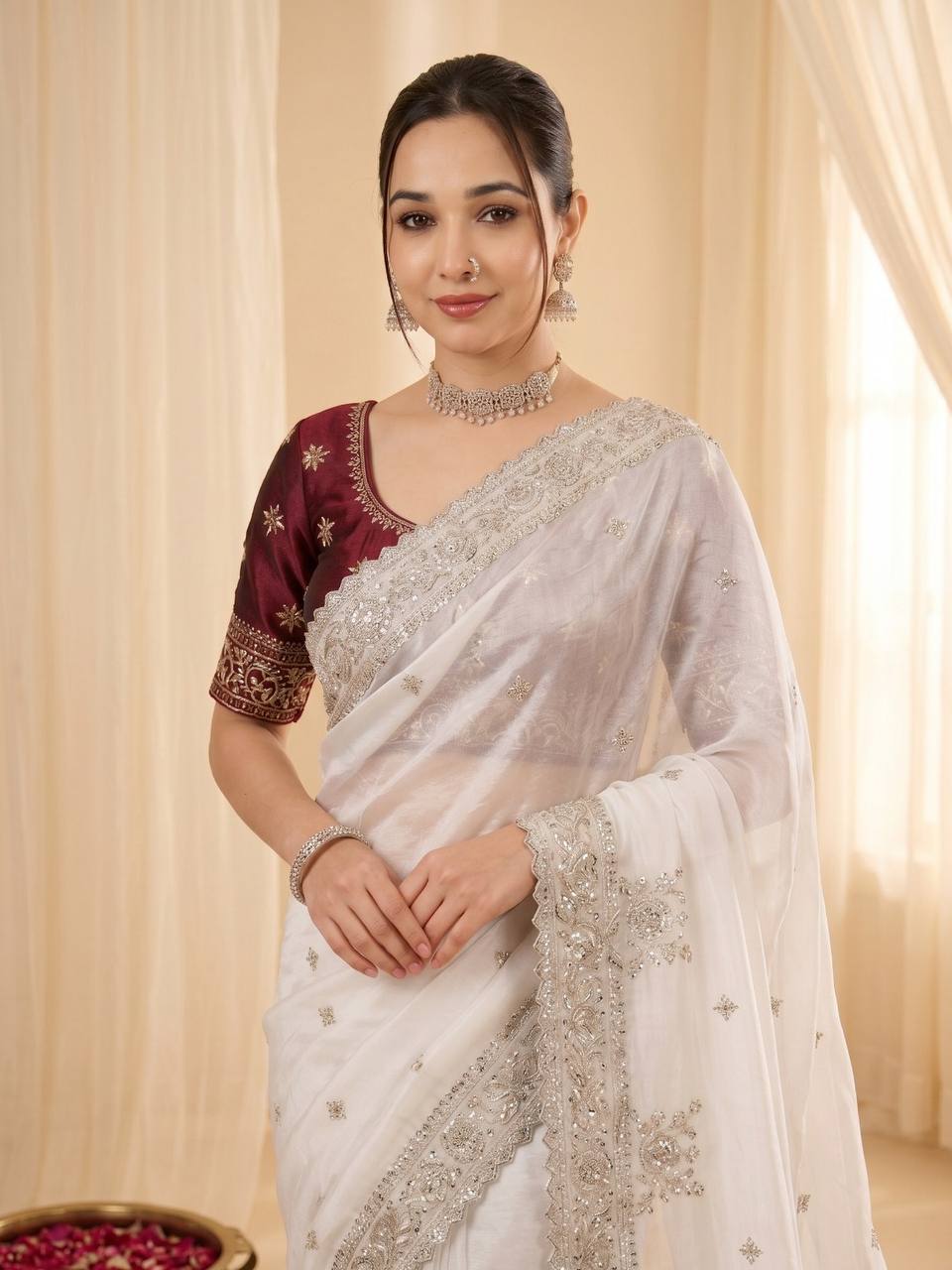 Pure Fandy satin material with c pallu embroidery work saree