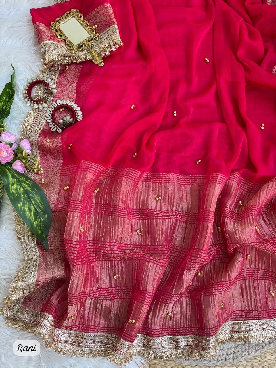 Pure soft Fendy chiffon Saree With Gungroo and Fancy lace Border