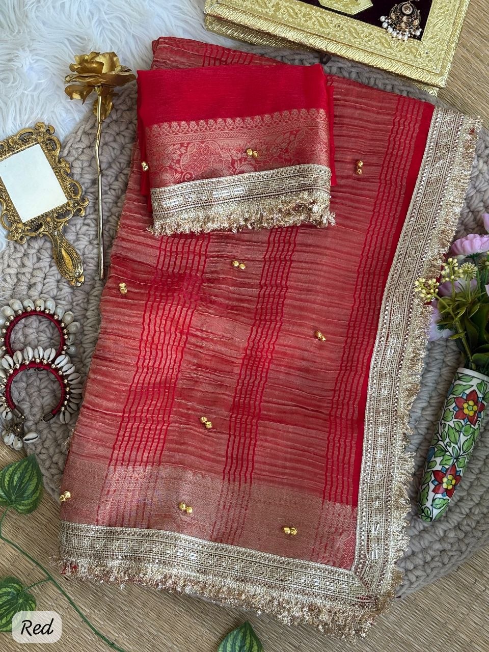 Pure soft Fendy chiffon Saree With Gungroo and Fancy lace Border