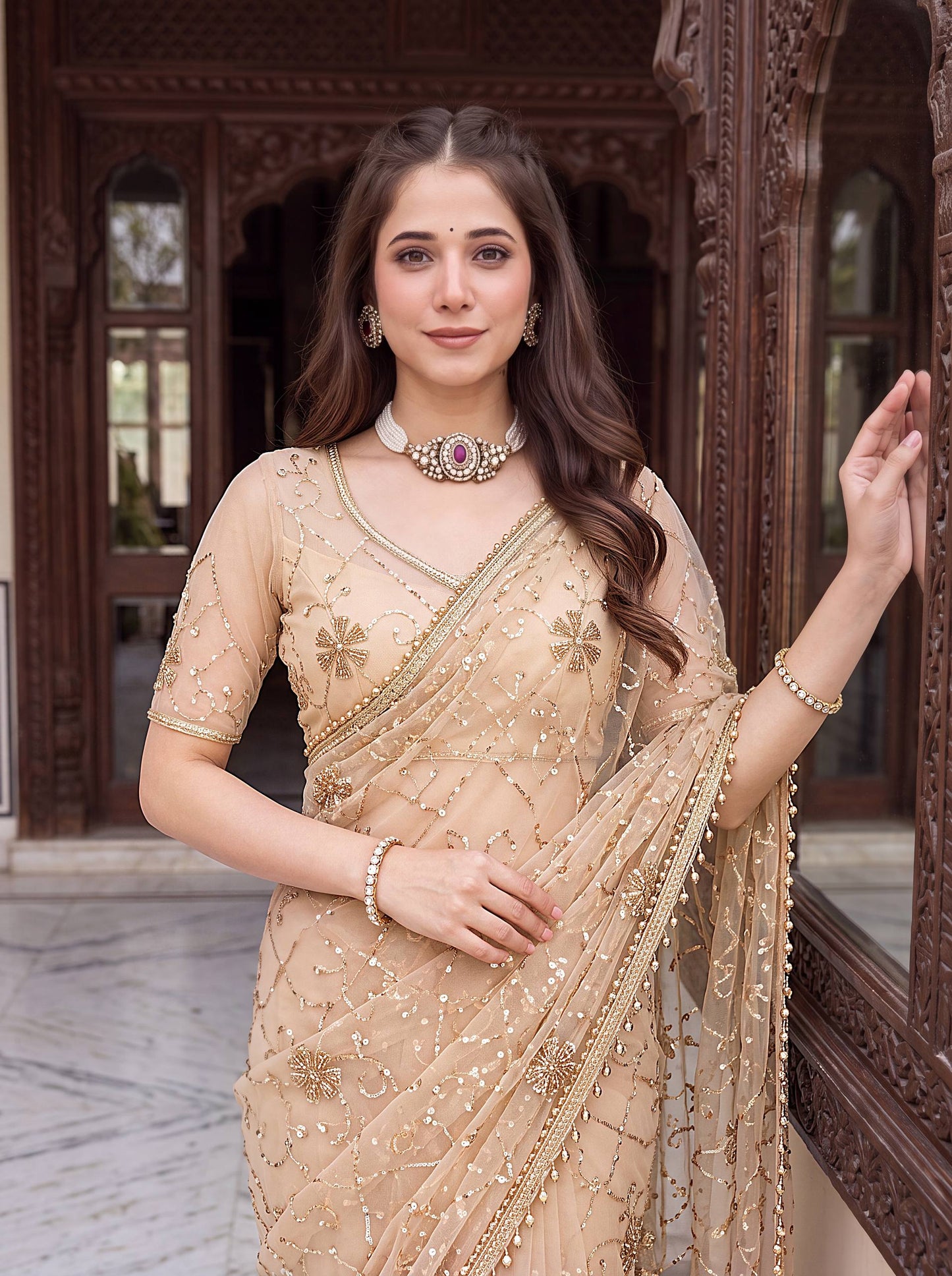 Net Bidds sequence pearls Embroidery Work Saree