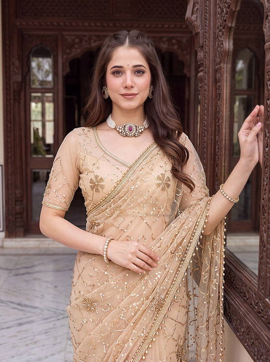 Net Bidds sequence pearls Embroidery Work Saree