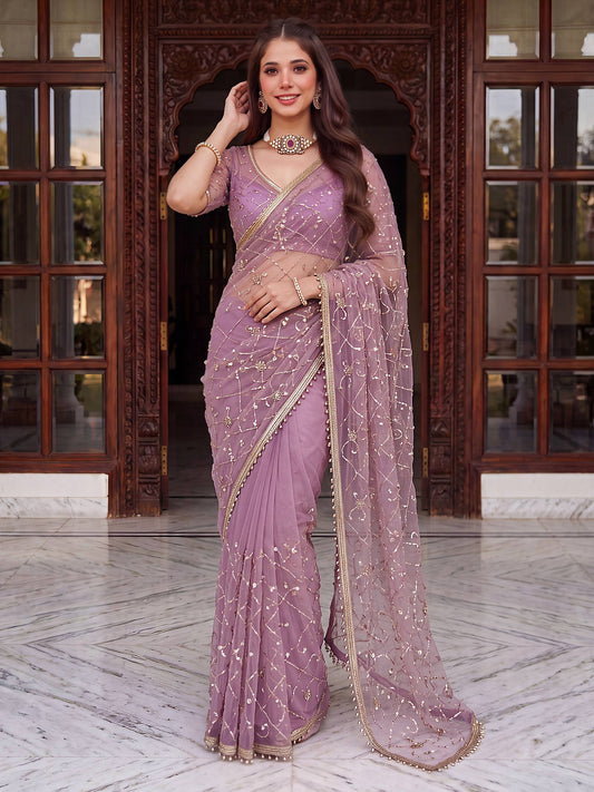 Net Bidds sequence pearls Embroidery Work Saree