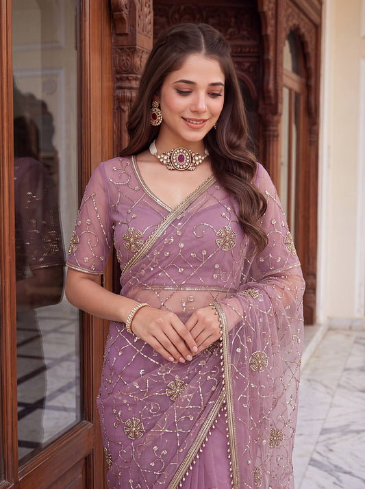 Net Bidds sequence pearls Embroidery Work Saree
