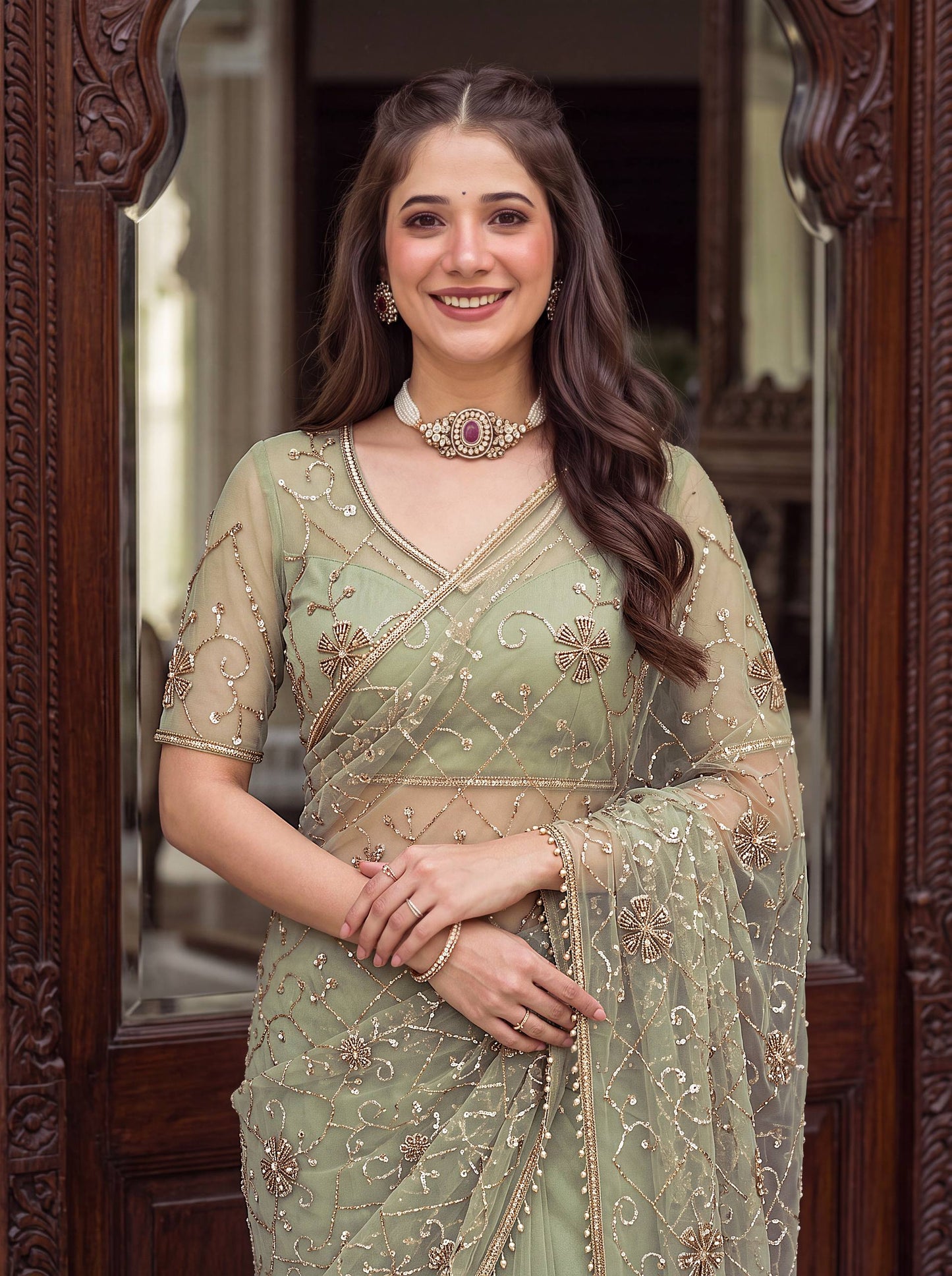 Net Bidds sequence pearls Embroidery Work Saree