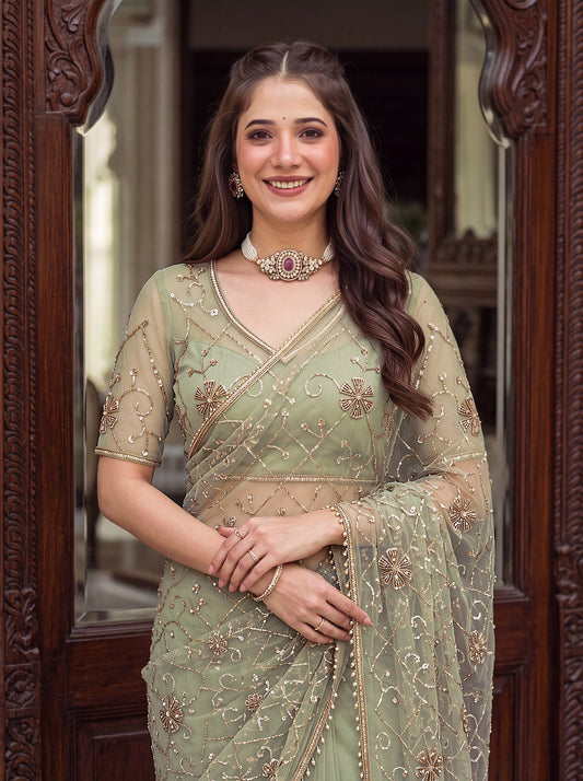 Net Bidds sequence pearls Embroidery Work Saree