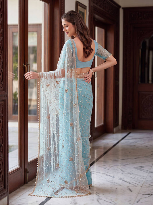 Net Bidds sequence pearls Embroidery Work Saree