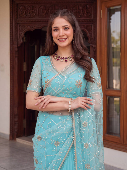 Net Bidds sequence pearls Embroidery Work Saree