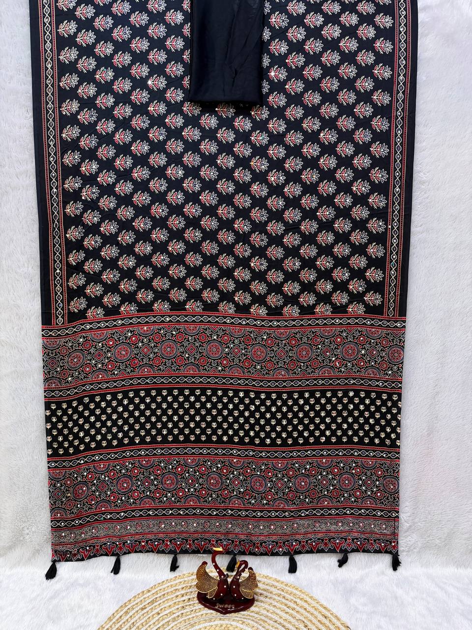 Beautiful Ajarakh print with Real mirror work saree