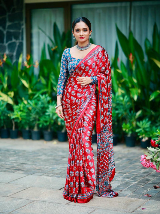 Beautiful Ajarakh print with Real mirror work saree