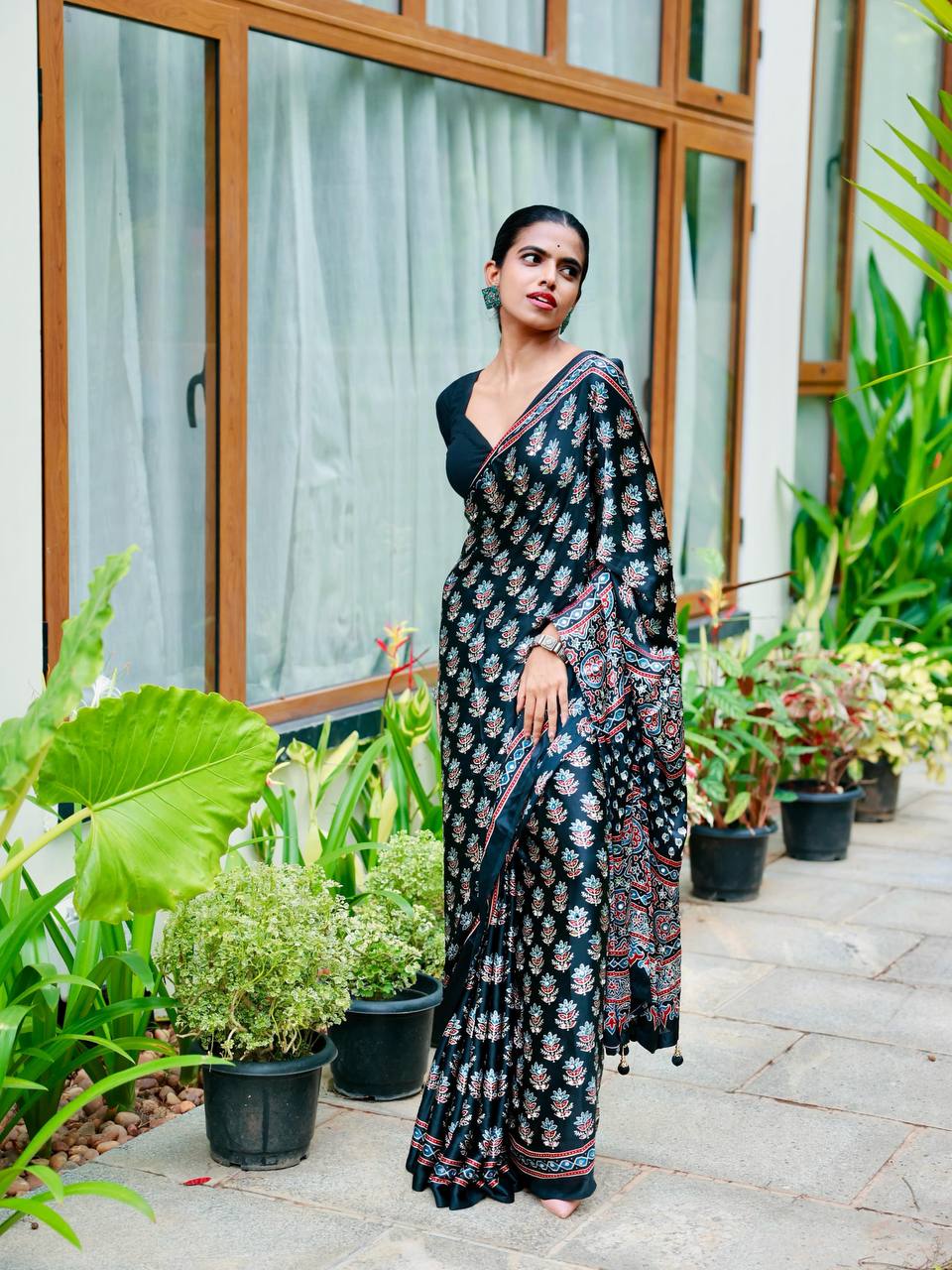 Beautiful Ajarakh print with Real mirror work saree