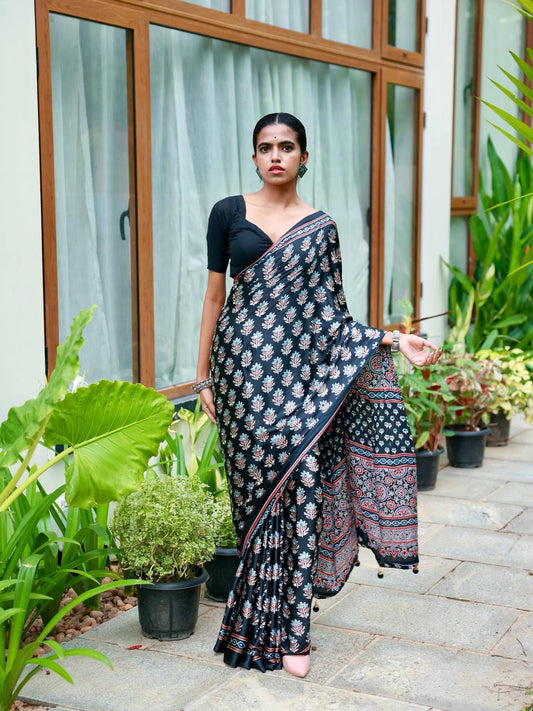 Beautiful Ajarakh print with Real mirror work saree