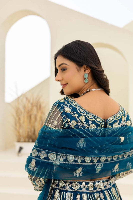 Butterfly Net Sequins and Codding Embroidery Work Lehenga