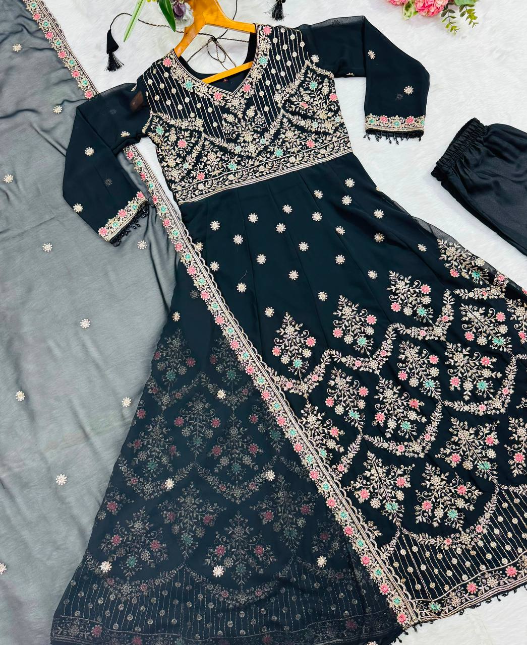 Faux Blooming With Heavy 3/mm Sequins & Zari work suit