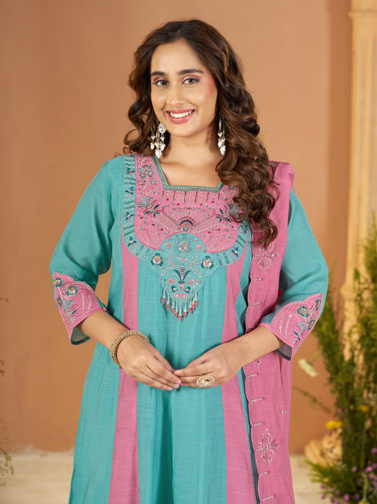 Mal Chanderi Multi Embroidery Thread With Real Hand Work Anarkali Kurti