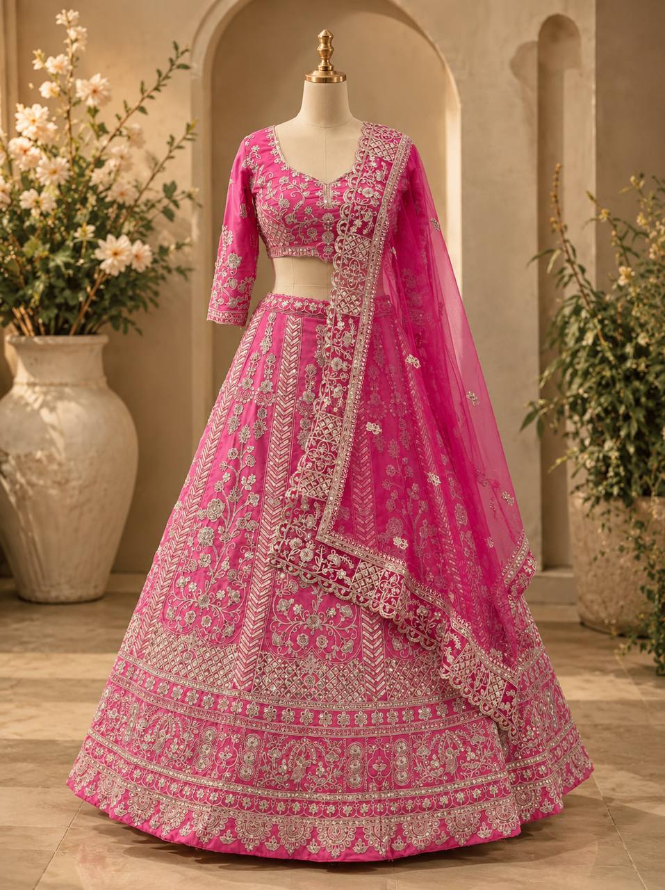 Natural Crap Silk Sequins and Codding Jari Embroidery Work Lehenga
