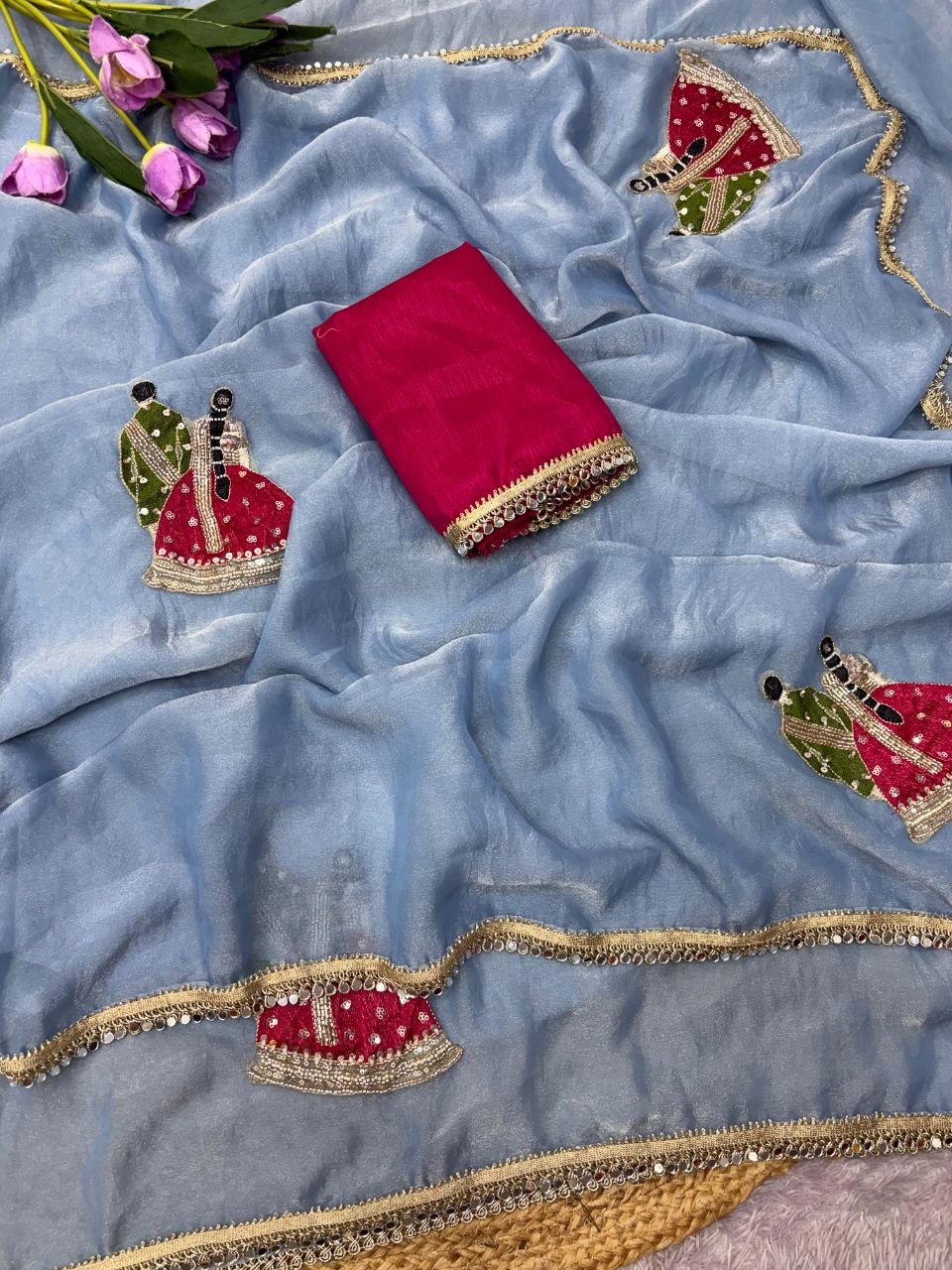 Fendy sattin two ton fully stitched Coding sequence embroidery saree