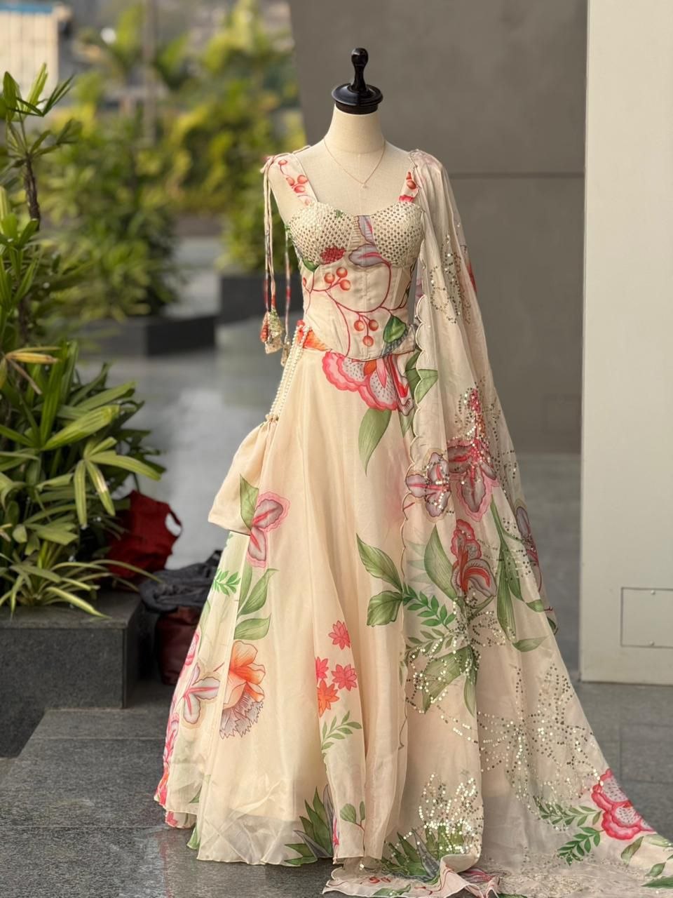 Pure Jmy Organza digital printed lehnga