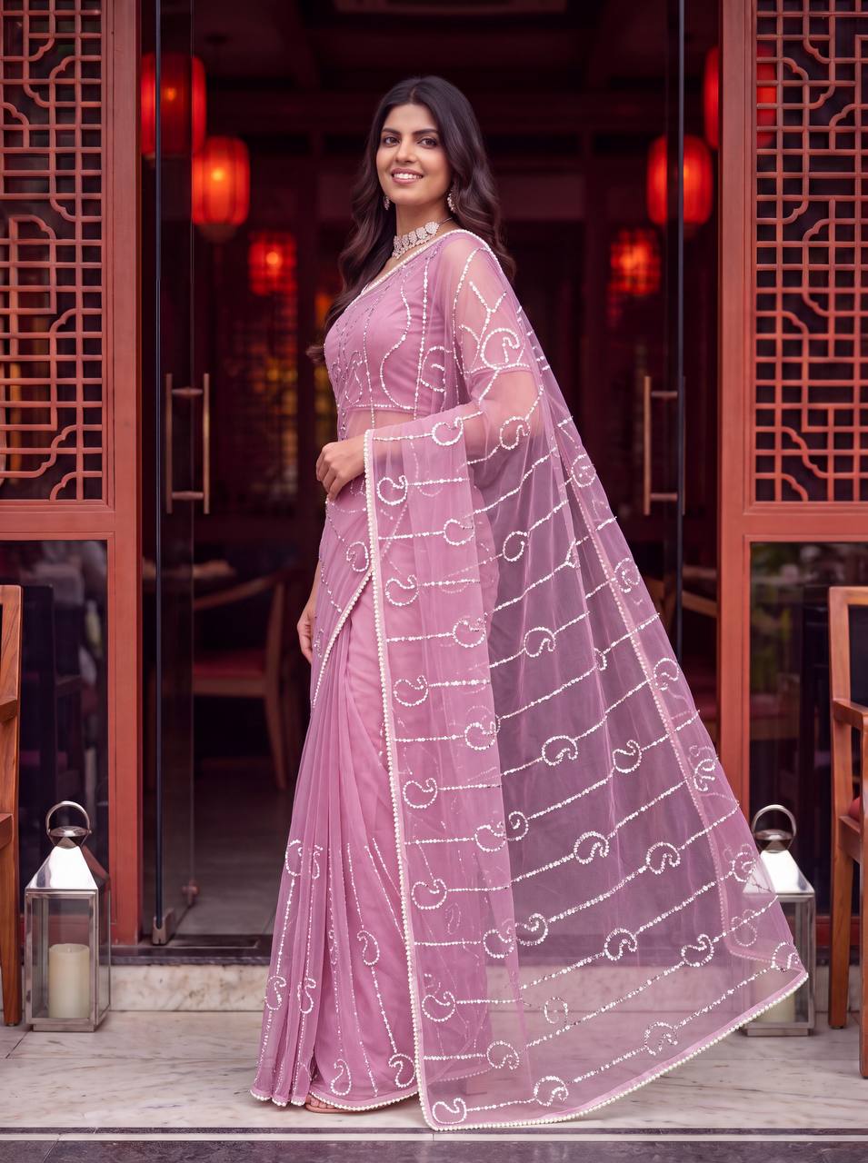 Bidds sequence pearls Embroidery Work saree