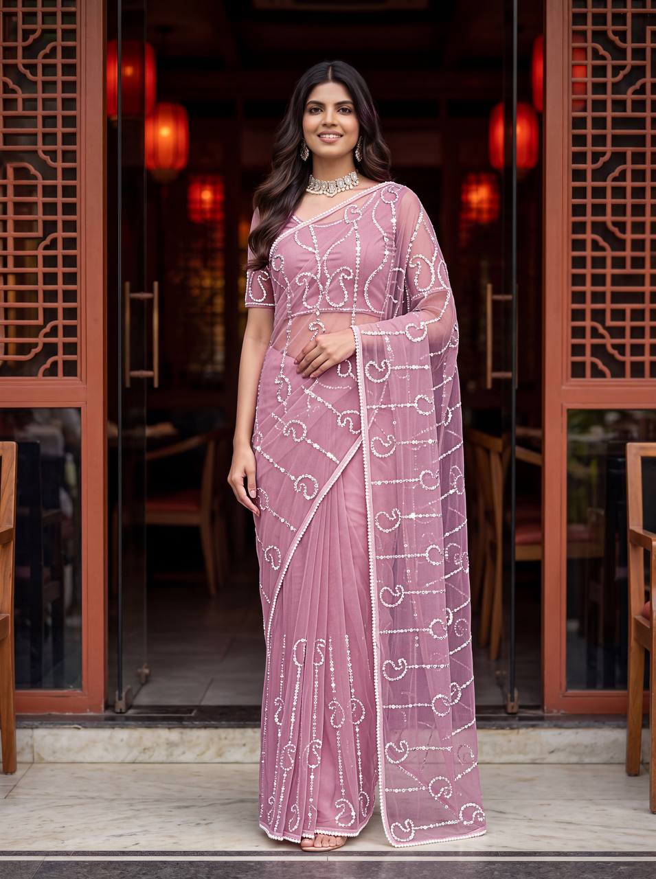 Bidds sequence pearls Embroidery Work saree