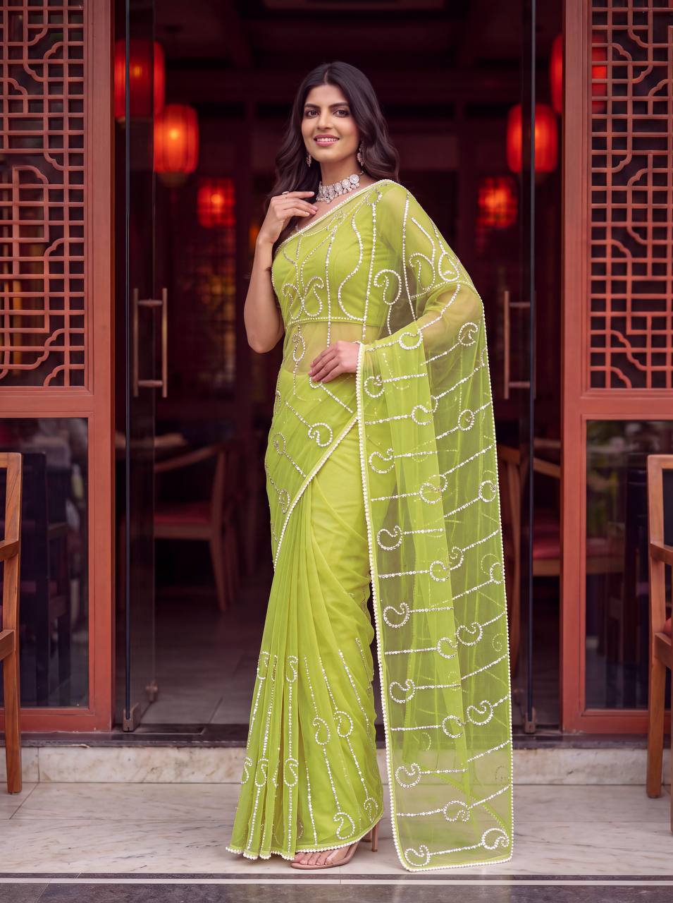 Bidds sequence pearls Embroidery Work saree