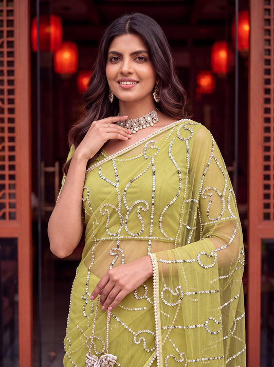 Bidds sequence pearls Embroidery Work saree