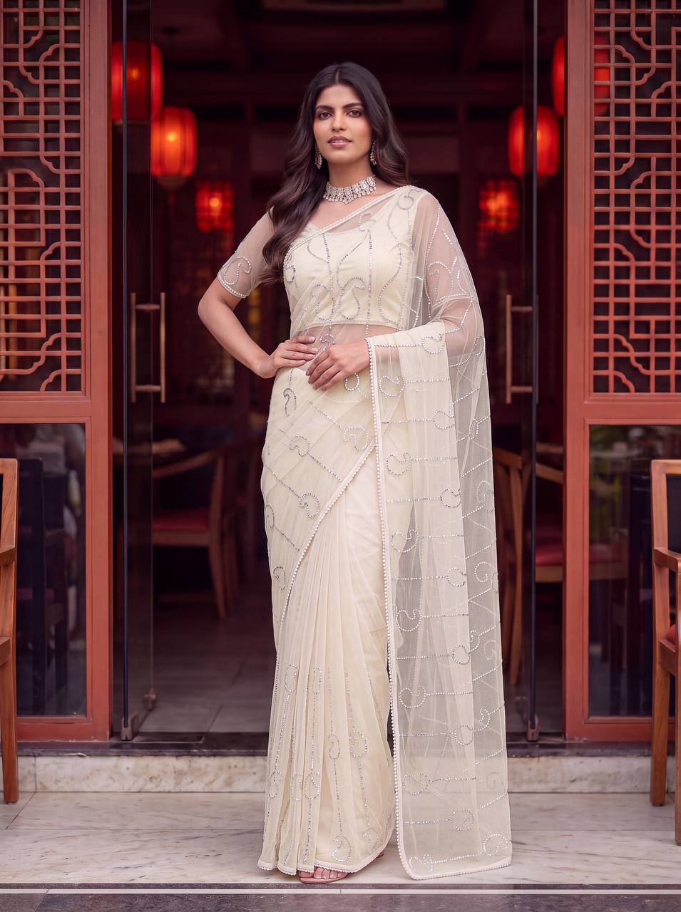 Bidds sequence pearls Embroidery Work saree