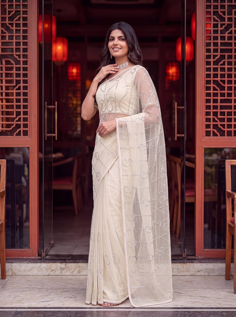 Bidds sequence pearls Embroidery Work saree