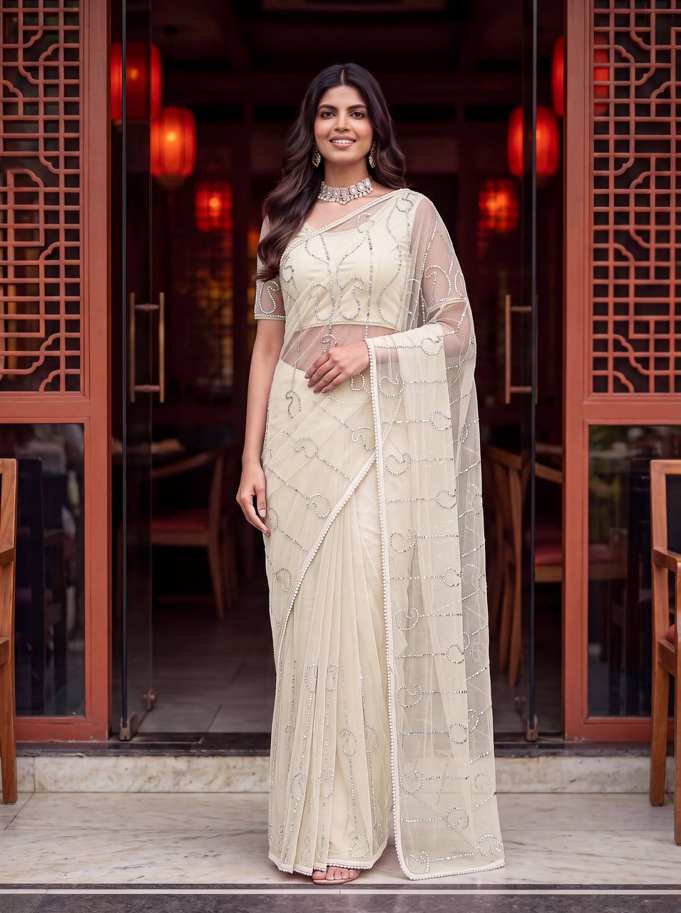 Bidds sequence pearls Embroidery Work saree