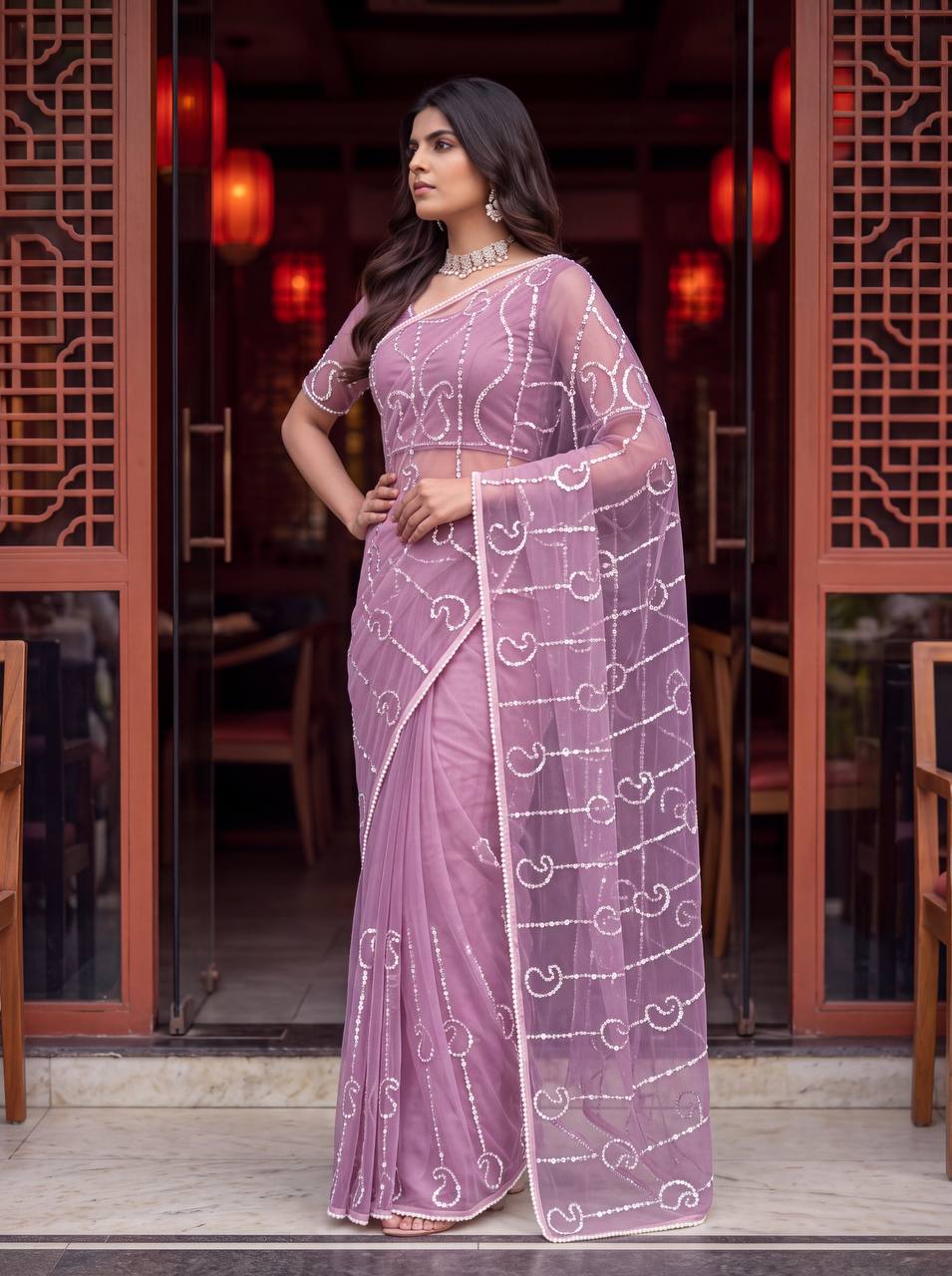 Bidds sequence pearls Embroidery Work saree