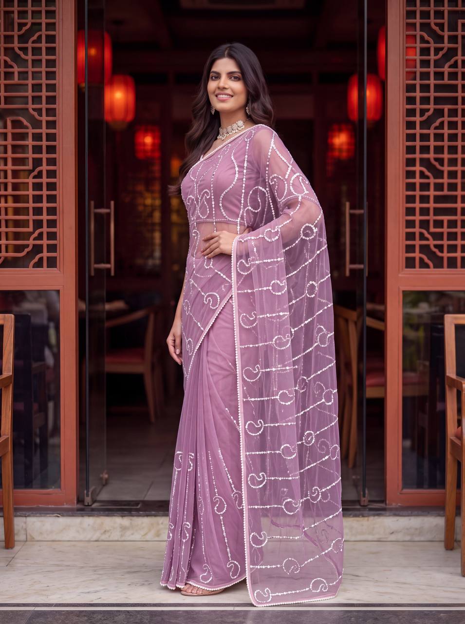 Bidds sequence pearls Embroidery Work saree