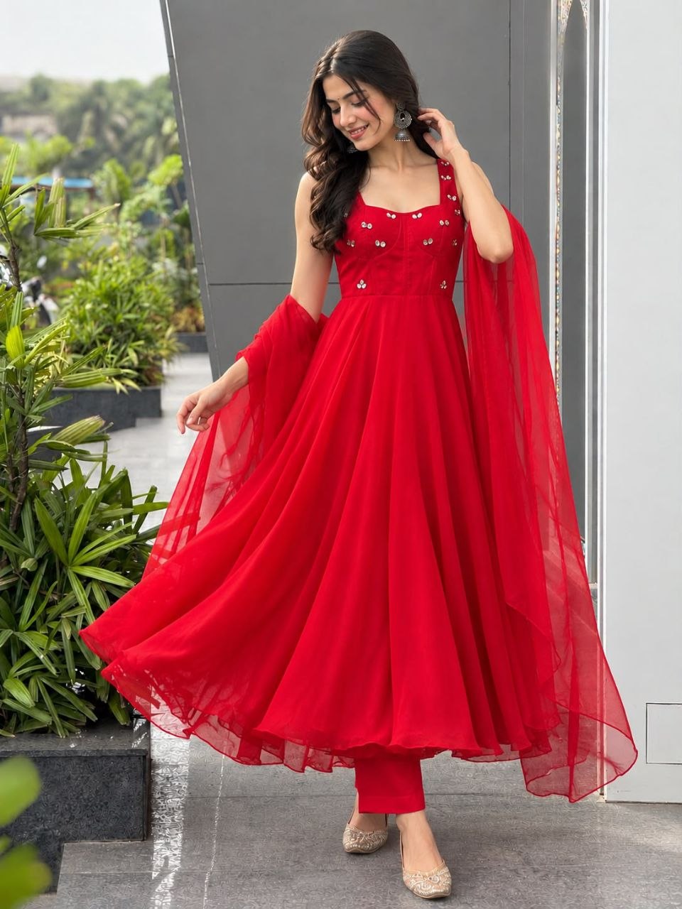 Faux Georgette fabric corset pattern Anarkali with Pretty Daimond detailing