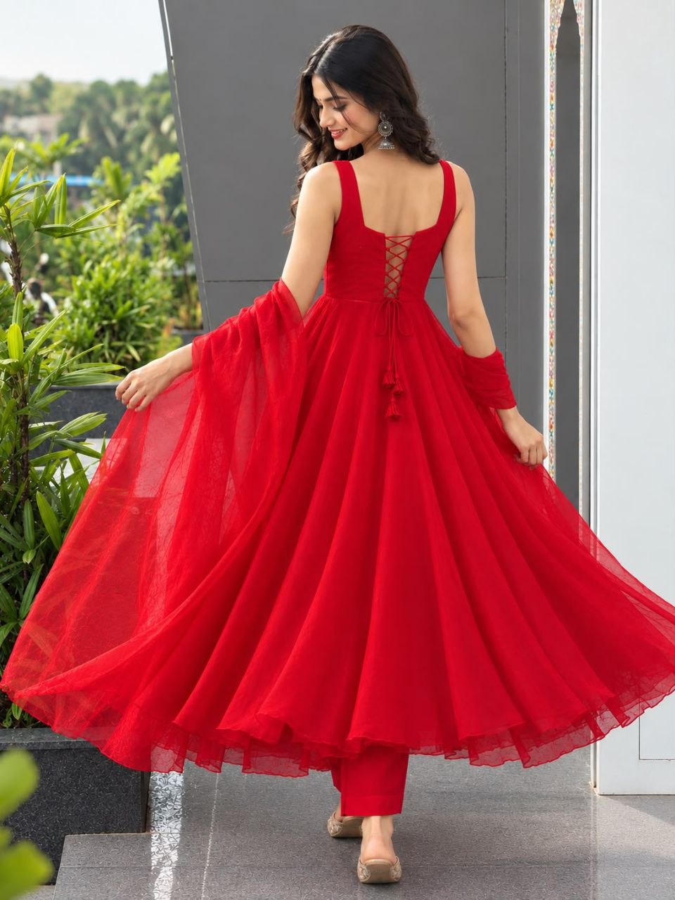 Faux Georgette fabric corset pattern Anarkali with Pretty Daimond detailing