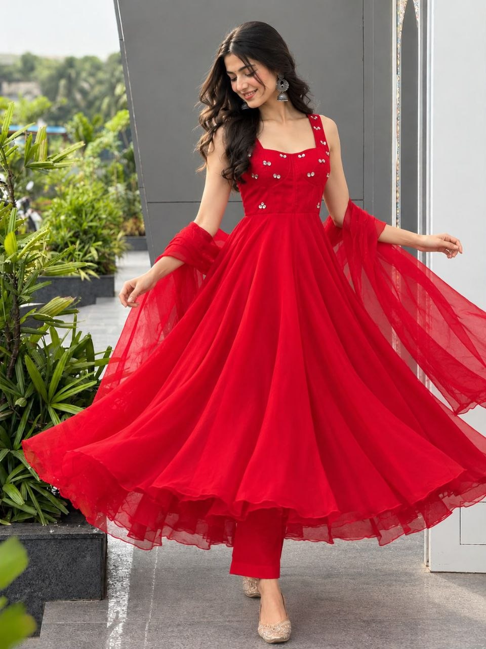 Faux Georgette fabric corset pattern Anarkali with Pretty Daimond detailing
