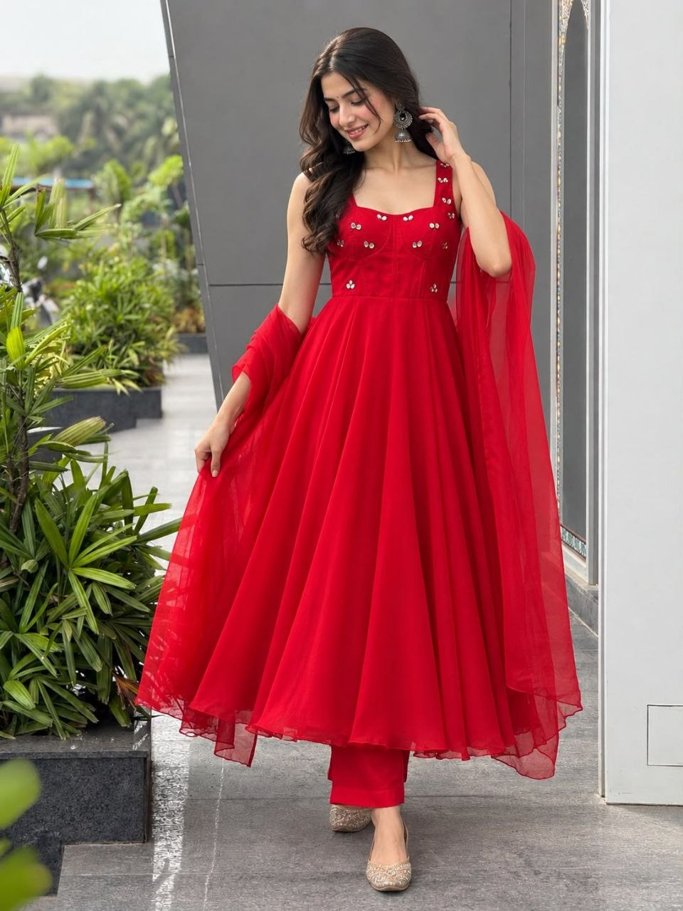 Faux Georgette fabric corset pattern Anarkali with Pretty Daimond detailing