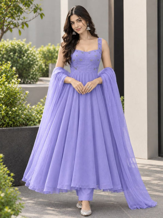 Faux Georgette fabric corset pattern Anarkali with Pretty Daimond detailing