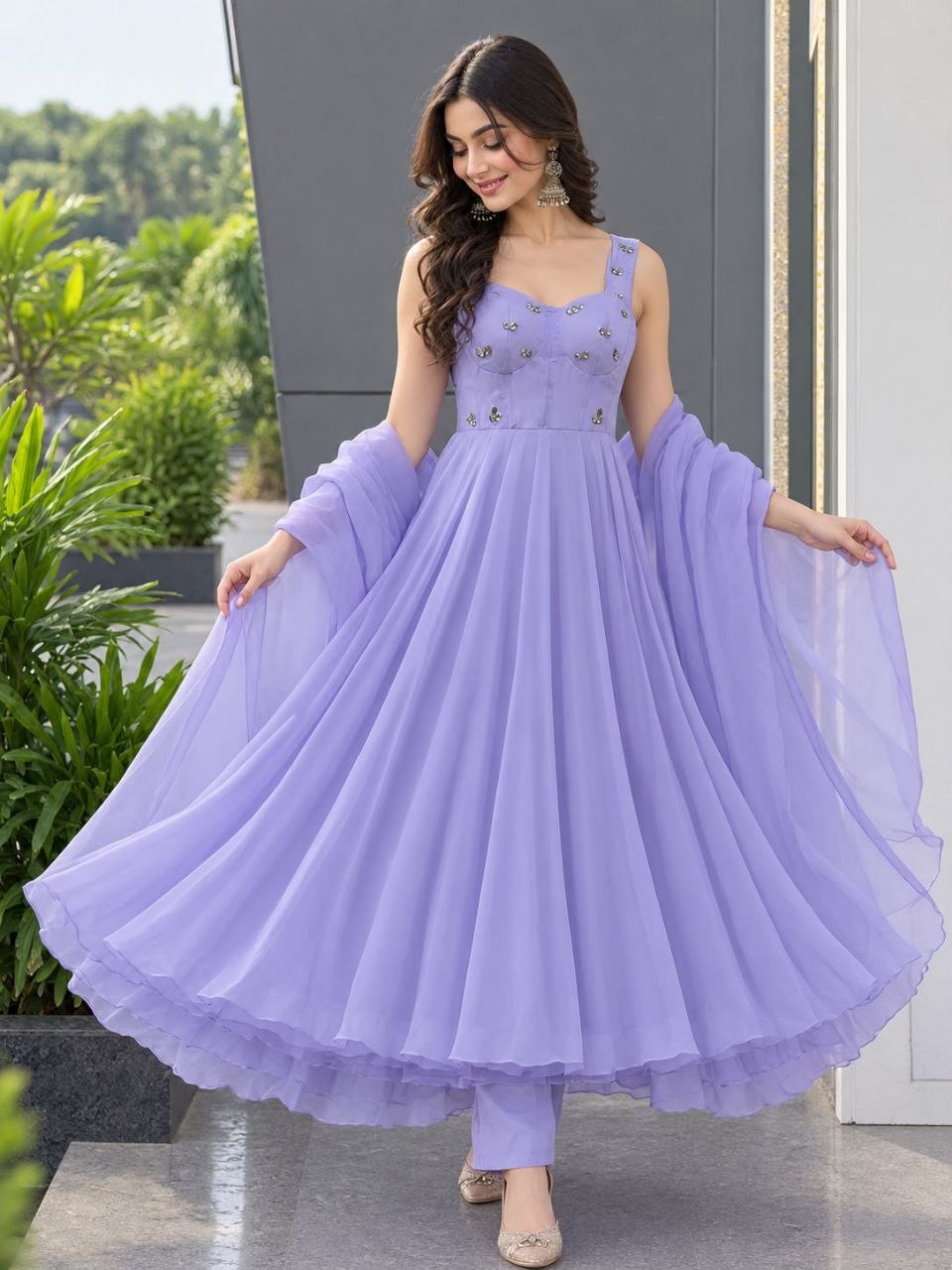 Faux Georgette fabric corset pattern Anarkali with Pretty Daimond detailing