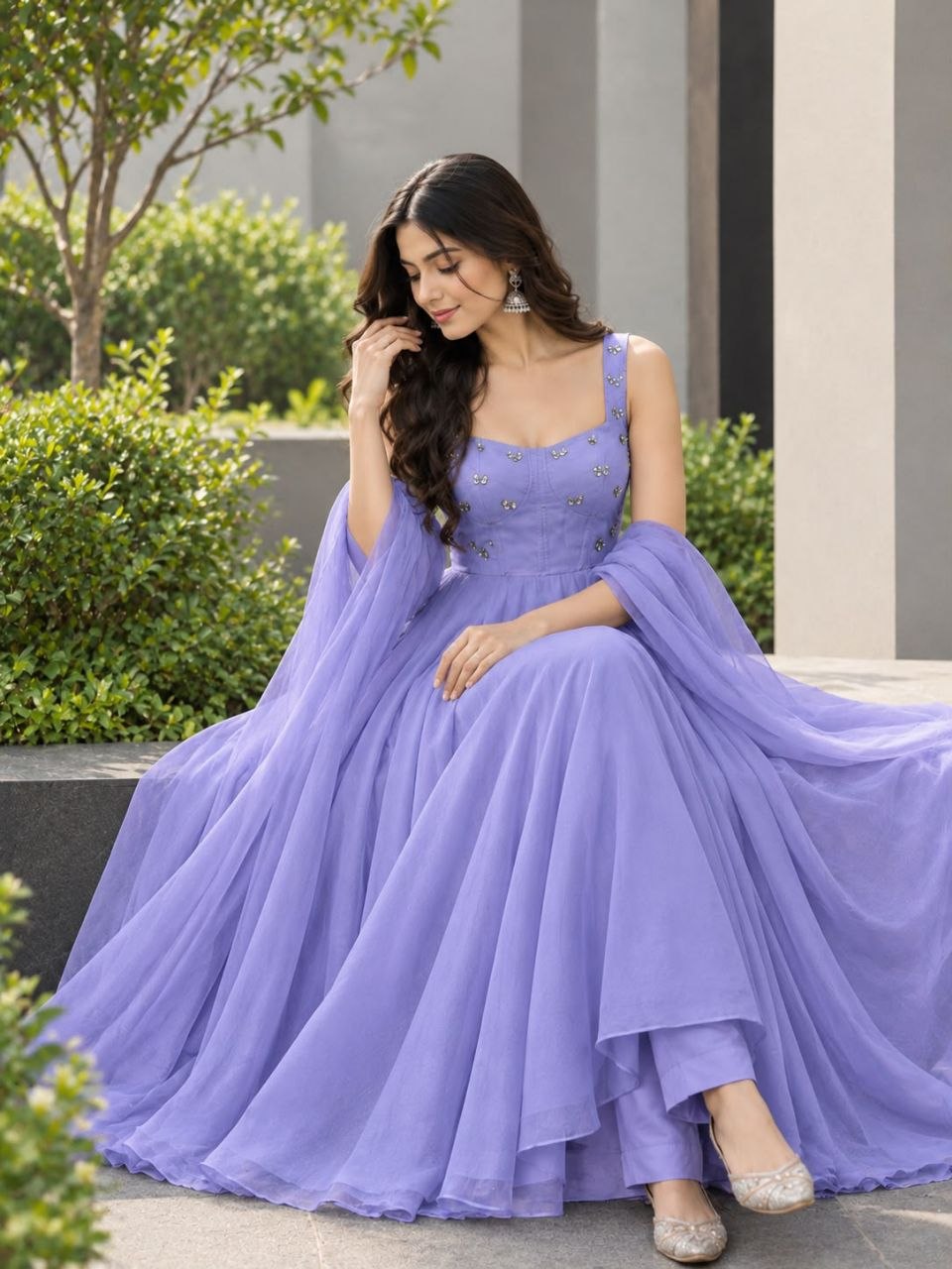 Faux Georgette fabric corset pattern Anarkali with Pretty Daimond detailing