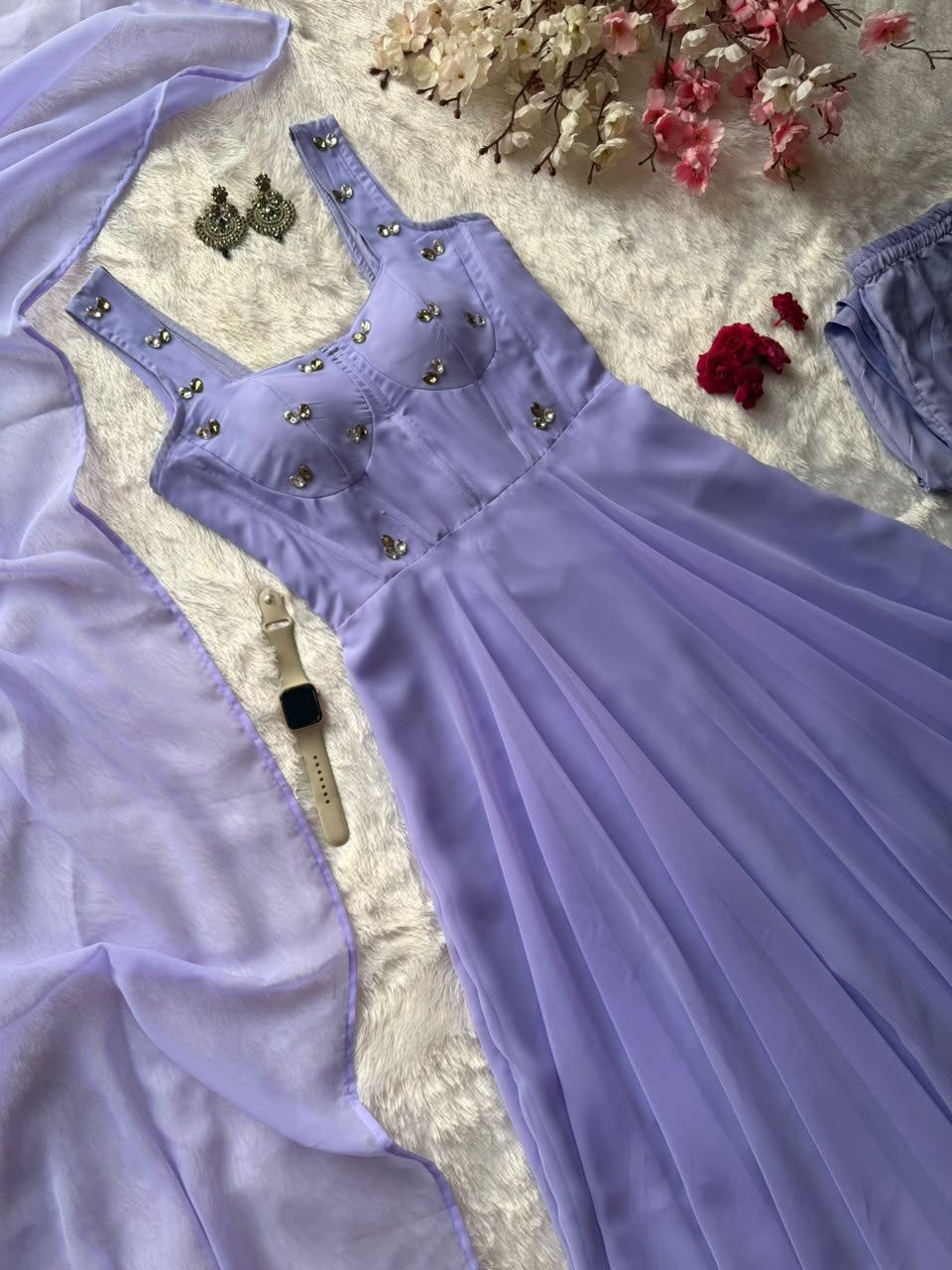 Faux Georgette fabric corset pattern Anarkali with Pretty Daimond detailing