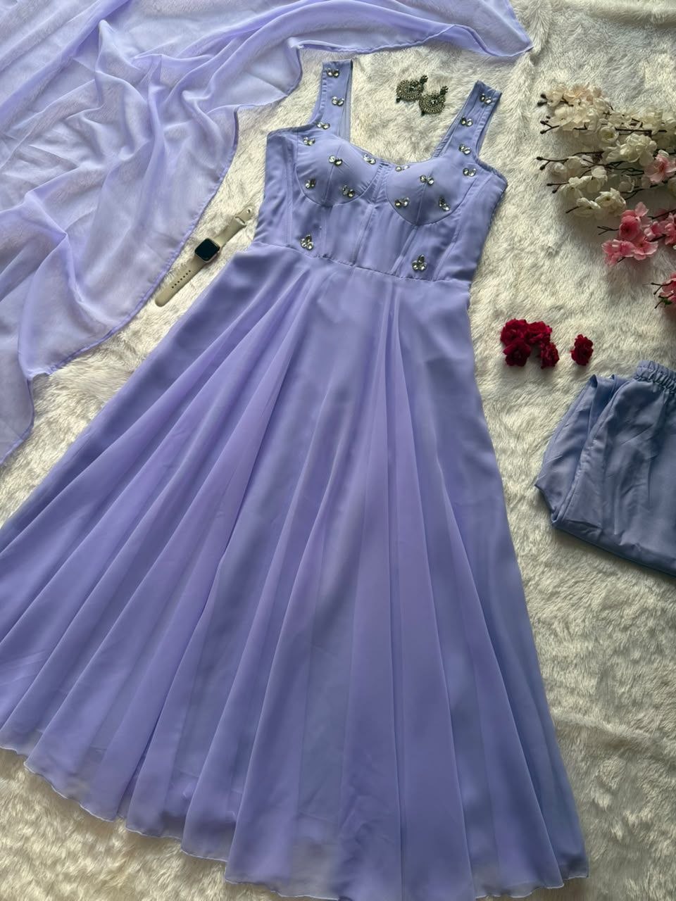 Faux Georgette fabric corset pattern Anarkali with Pretty Daimond detailing