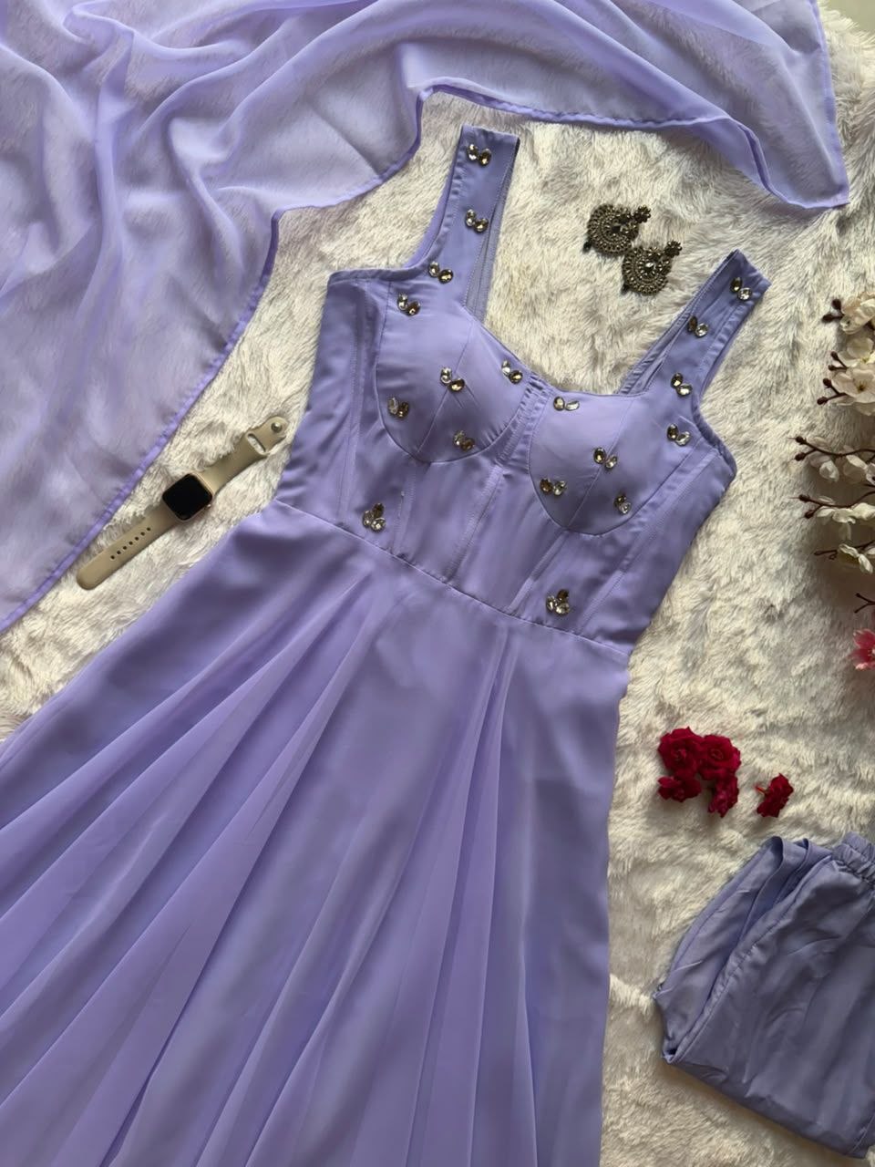 Faux Georgette fabric corset pattern Anarkali with Pretty Daimond detailing