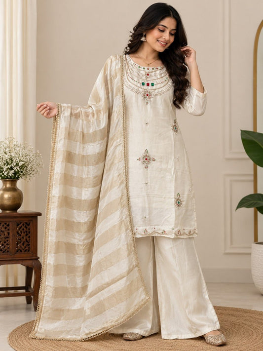 Glass Silk Beautiful BEADS And Stone Work Suit