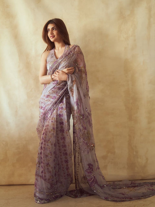 Premium Tabby Silk Embellished With Beautiful Print Saree